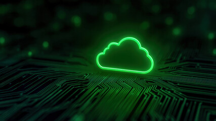 Cloud computing green glow neon cloud circuit board digital network data storage cyber security server futuristic electric technology, cyberspace pulse shares information flow as datum streams