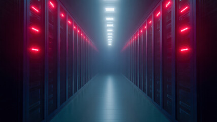 Futuristic server corridor with blue glow and red lights, technology in silent cyberspace where information flows as each datum hums, modern data center hallway evokes calm focus and depth