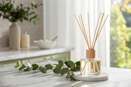 Aroma reed diffuser on a smooth white marble countertop