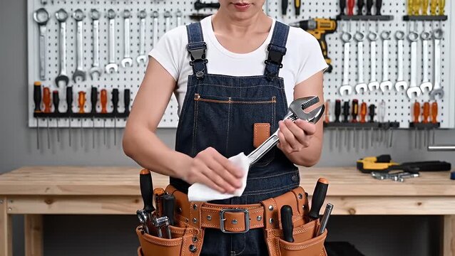 A person in work overalls meticulously cleaning a large adjustable wrench with a white cloth.