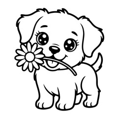 Fototapeta premium Playful Puppy with Flower: A charming puppy, with big, expressive eyes, holds a delicate flower in its mouth, exuding an aura of innocence and affection. 