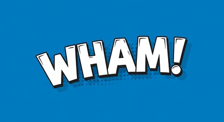 Dynamic WHAM Text Explosion on Vibrant Blue Background, Comic Book Style.