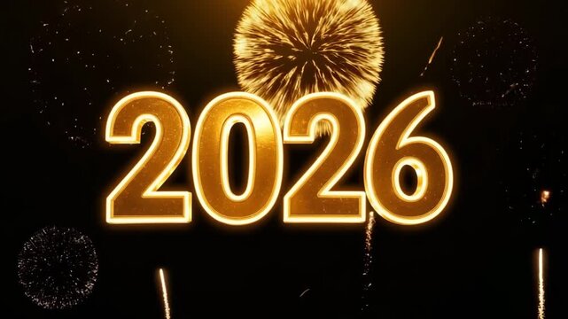 Golden fireworks illuminate the year 2026 in a dazzling New Year's Eve celebration.