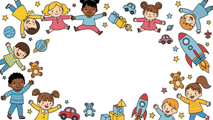 Cheerful Diverse Kids and Playful Toys Border Frame Illustration for Childhood, Education, and Fun Themes