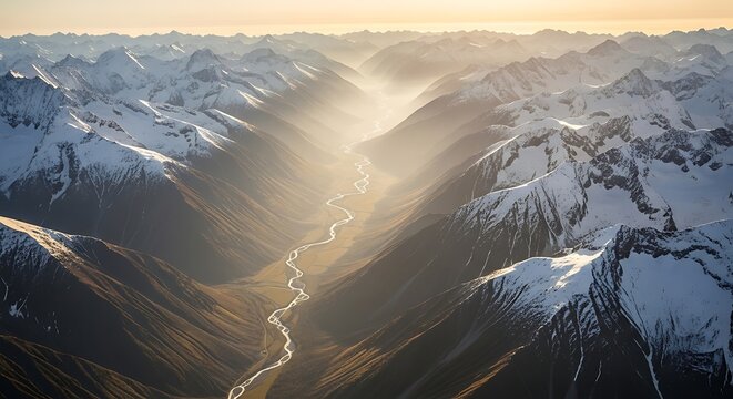 Stunning Aerial View of Snow-Capped Mountains and Valley with Sunbeams. - Powered by Adobe
