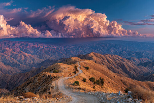 Desert Landscape at Sunset With Rolling Hills and Dramatic Cloudy Sky