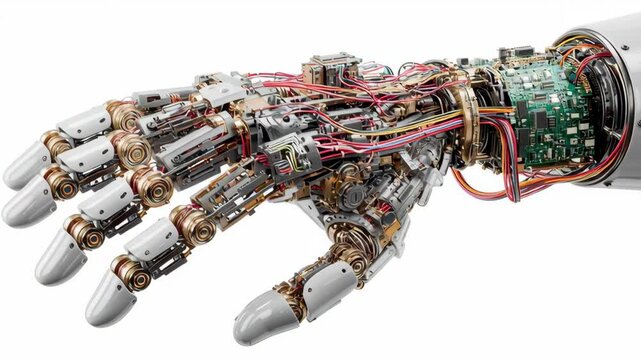Robotic mechanical hand with micro actuators and electronic circuit board showcasing futuristic technology, intricate components, and advanced engineering in automation and innovation design