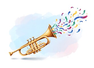 A golden trumpet with colorful confetti and streamers bursting out of its bell, set against a soft watercolor background.