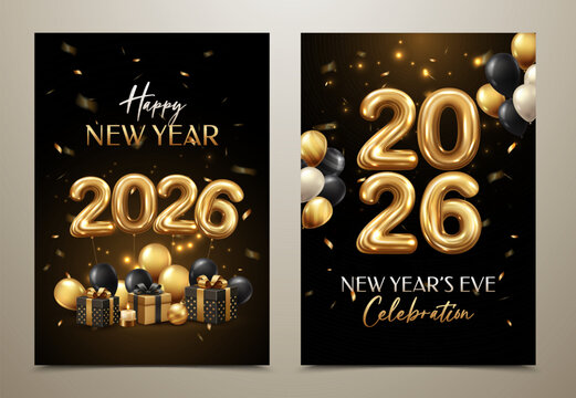 Luxury New Year 2026 Poster Set &ndash; Gold Balloons, Roman Clock Countdown, Black and Gold Celebration Background