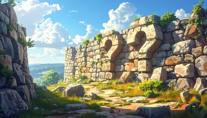 Ancient stone wall with giant question marks under a bright blue sky