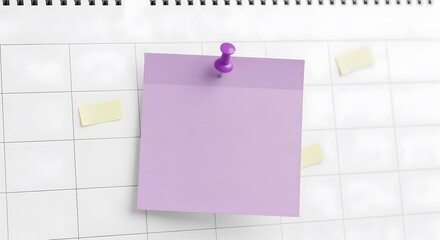 A blank purple sticky note pinned with a thumbtack on a white calendar grid, ready for a reminder or schedule.