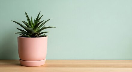 Fototapeta premium Minimalist Succulent Plant in Pink Pot on Wooden Table with Mint Green Background