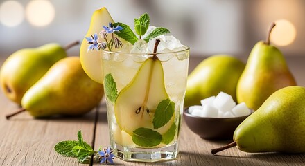Refreshing pear cocktail garnished with fresh mint and edible flowers sits on a rustic wooden surface, radiating a cool and inviting atmosphere.