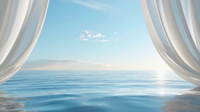 カーテン越しに広がる海と青空のズーム映像｜Zoom-in view of the ocean and blue sky through soft curtains