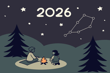 Naklejka premium Night Camping Landscape with Campfire and 2026 Constellation 