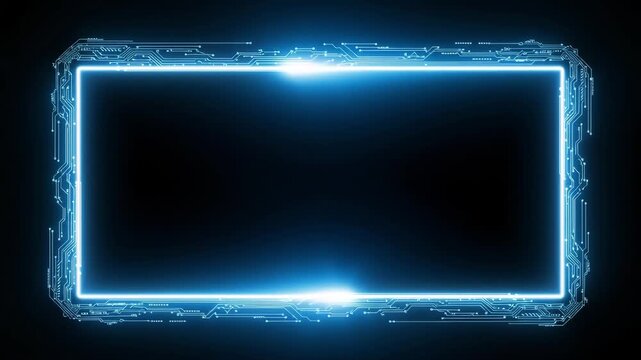 Futuristic glowing blue neon frame with circuit board elements on a dark background