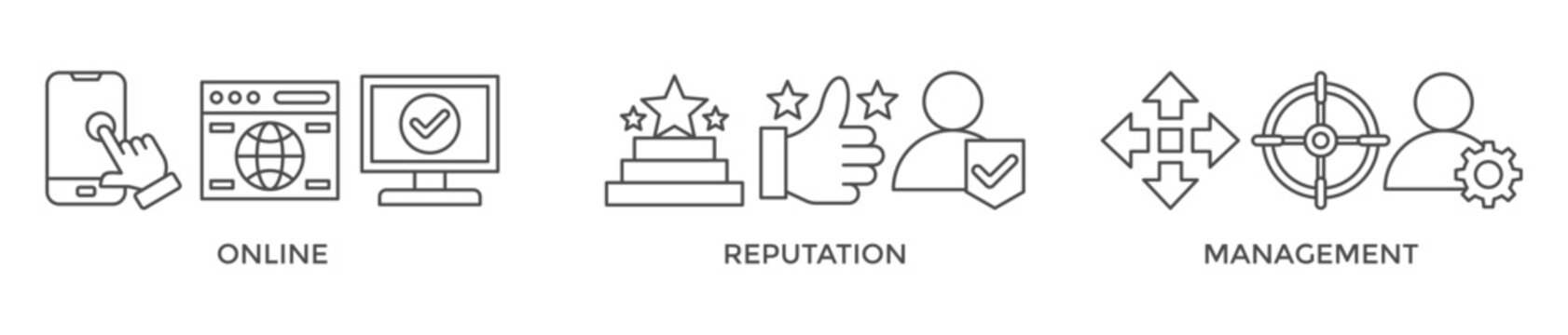 ORM banner web icon vector illustration concept for online reputation management with icon of internet, browser, winner, trust, favorite, and business