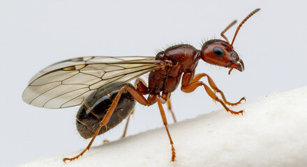 Vivid macro portrait of a red winged ant showcasing its transparent wings under bright even studio lighting. AI Generated