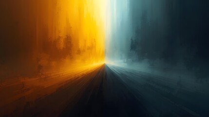 Abstract artwork featuring a striking divide between warm golden light and cool blue darkness, creating a dramatic sense of depth, contrast, and motion toward a distant vanishing point.