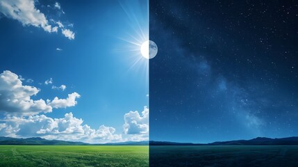 striking split landscape showing bright daytime sky and star-filled night, capturing the contrast between light and darkness in one seamless scene.