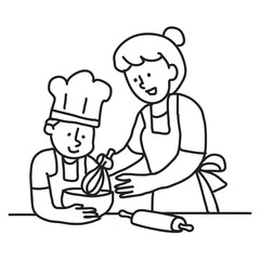 PNG Mother kid cooking line art sticker, transparent background