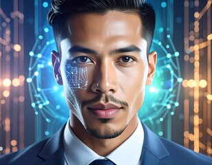 Portrait of a man with glowing tech overlay on his face