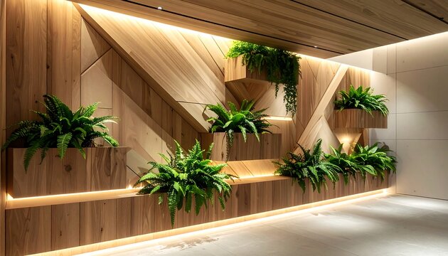Modern wooden wall design featuring built-in planters with ferns