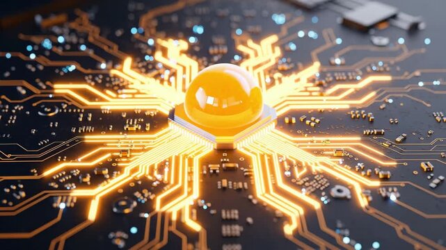 Futuristic glowing circuit board with central glowing sphere representing technology and innovation.