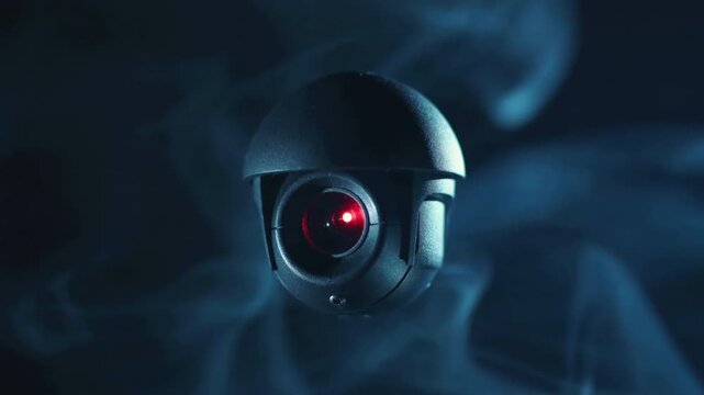Foreboding security camera enveloped by swirling smoke and blue light