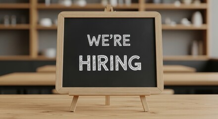 Wooden chalkboard displaying "We're Hiring" message written in chalk on a table easel