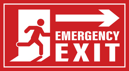 Emergency exit text. Right arrow emergency exit sign. Red emergency exit signboard. Emergency exit vector art. Right-side emergency exit red label.