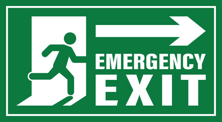 Emergency exit text. Right arrow emergency exit sign. Green emergency exit signboard. Emergency exit vector art. Right-side emergency exit label.
