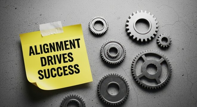 Yellow note with text 'Alignment Drives Success' next to various metal gears on a textured gray background, symbolizing business strategy and collaboration.
