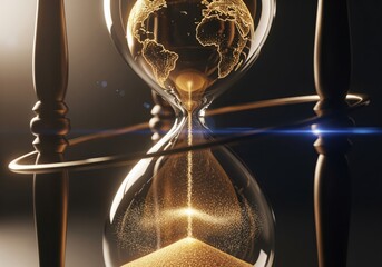 Golden hourglass with glowing digital world map symbolizing global time and urgency.