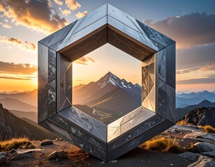 Metallic, geometric, floating shape frames mountain landscape at sunrise