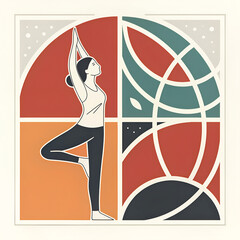 Balance in Harmony: An artistic representation of a woman, embodying serenity and mindfulness, practices the tree pose, radiating tranquility and well-being.