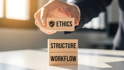 Business professional stacking wooden blocks with ethics structure and workflow concepts