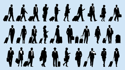 Silhouettes of people with luggage in various poses and activities isolated on