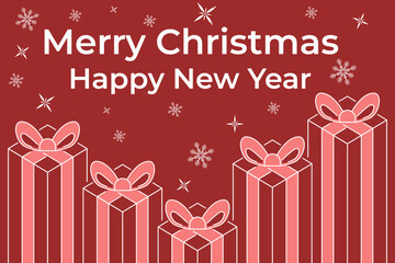 Festive gift boxes with bows e set against cheerful red background. Snowflakes adding winter touch, perfect for spreading holiday cheer and good wishes for new year