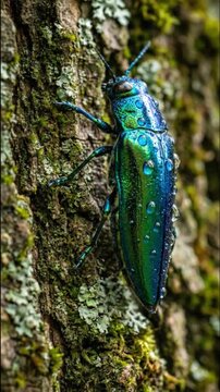 Vertical macro shot of a metallic, iridescent jewel beetle climbing up rough, moss-covered tree bark Videos