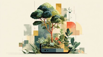 A Digital Illustration of a Tree and Plants Growing Within a Smartphone, Representing Environmental Sustainability