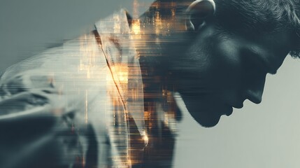 A melancholic figure with overlay of glowing lines and digital textures