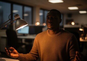 Calm african american man meditating at his desk in a dark office for stress relief