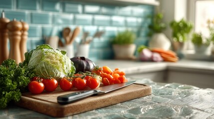 Fresh vegetables and a knife on a cutting board in a sunlit kitchen