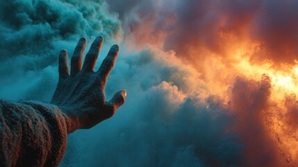 Hand reaching into swirling, colorful clouds; dramatic lighting