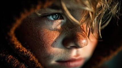 Close-up of a child's face with freckles, illuminated by sunlight