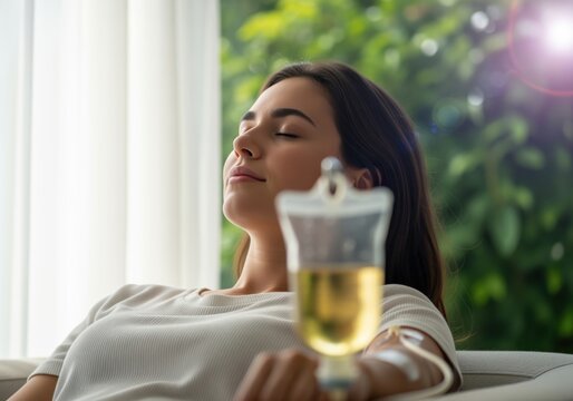 Young woman relaxing with eyes closed during an intravenous vitamin IV therapy session
