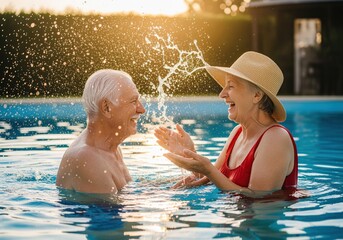 Happy senior couple having fun and splashing water in a swimming pool on a summer day