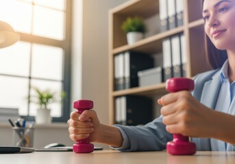 Businesswoman exercising with small pink dumbbells during a work break in the office