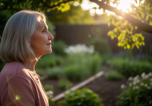 Contemplative senior woman with grey hair enjoying a tranquil moment in a sunlit garden - Powered by Adobe